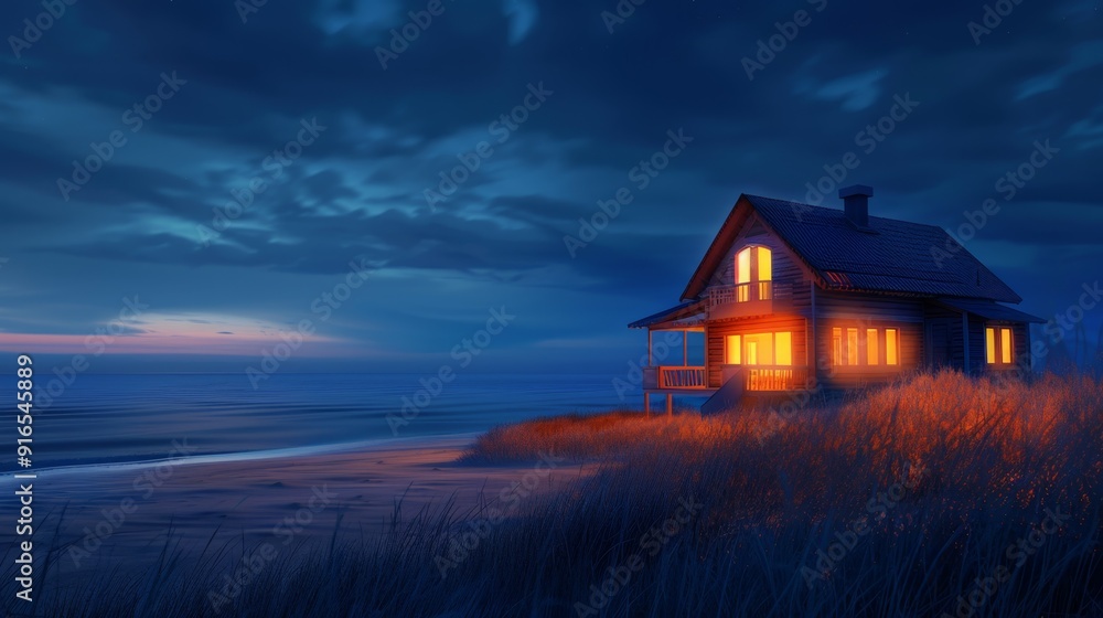 A serene beach house illuminated at dusk, surrounded by tall grass and a tranquil ocean view under a blue twilight sky. A serene beach house illuminated at dusk, surrounded by tall grass and a tranquil ocean view under a blue twilight sky.