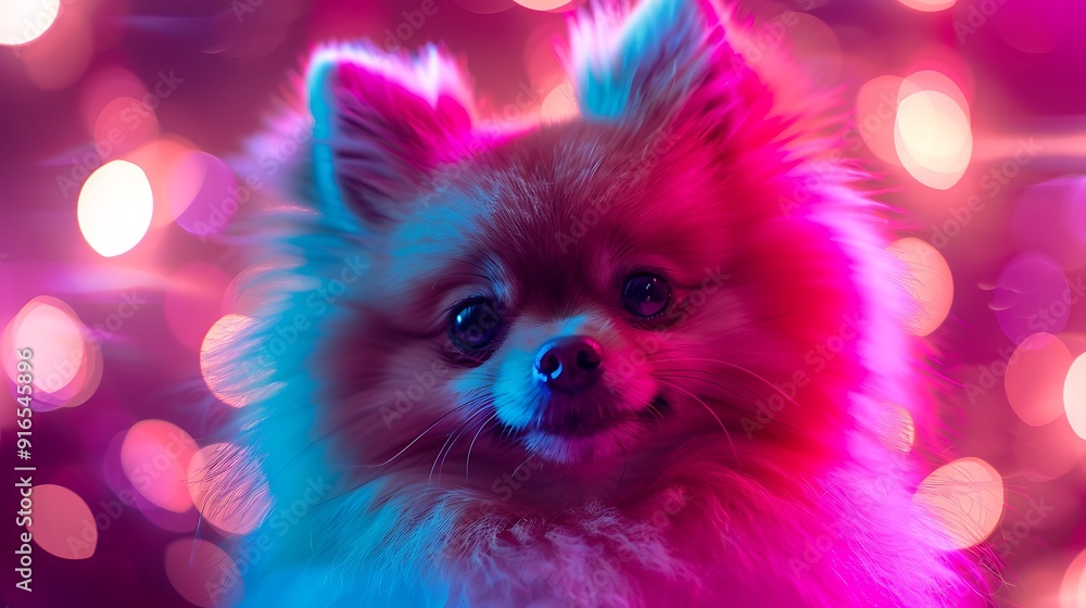 A Pomeranian with an abstract neon background, vibrant lights and glowing patterns, creating a futuristic and energetic scene, hd quality, natural look. --ar 16:9 --v 6.0 --s 250 --style raw A Pomeranian with an abstract neon background, vibrant lights and glowing patterns, creating a futuristic and energetic scene, hd quality, natural look. --ar 16:9 --v 6.0 --s 250 --style raw