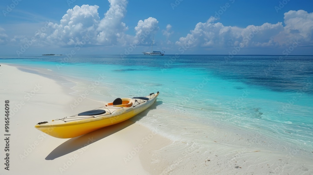 A serene beach with a yellow kayak resting on white sand, turquoise waters, and fluffy clouds in a bright blue sky. A serene beach with a yellow kayak resting on white sand, turquoise waters, and fluffy clouds in a bright blue sky.