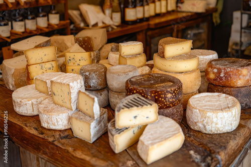 A wooden table topped with lots of different types of cheese