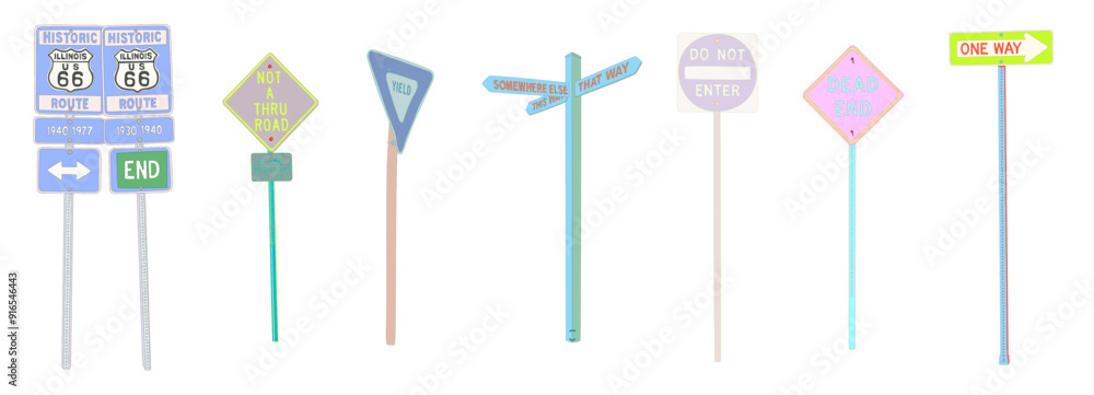 Vector Set of Road Signs - Route 66, Not a Thru Road, Yield, Somewhere Else, Do Not Enter, Dead End, One Way Illustrated Design Elements Vector Set of Road Signs - Route 66, Not a Thru Road, Yield, Somewhere Else, Do Not Enter, Dead End, One Way Illustrated Design Elements