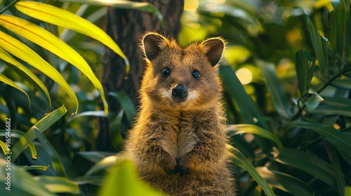 A Quokka with an abstract jungle background, lush greens and vibrant tropical patterns, evoking a sense of exotic wonder, hd quality, natural look. --ar 16:9 --v 6.0 --s 250 --style raw photo