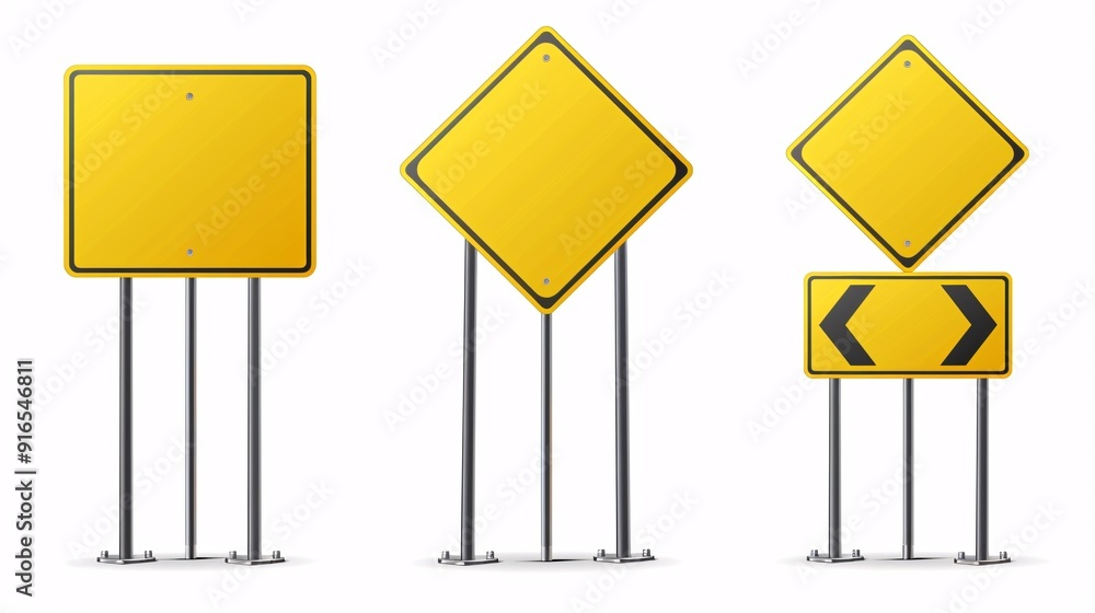 Authentic yellow traffic sign. Solitary indication charts. Empty street movement symbols halting boards. Signaling panels group. Indication route for supervision traffic compilation image. Authentic yellow traffic sign. Solitary indication charts. Empty street movement symbols halting boards. Signaling panels group. Indication route for supervision traffic compilation image.