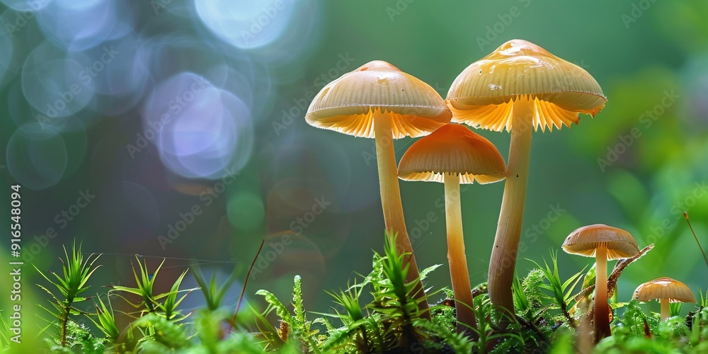 Fototapeta premium Three fungi scattered across a meadow.