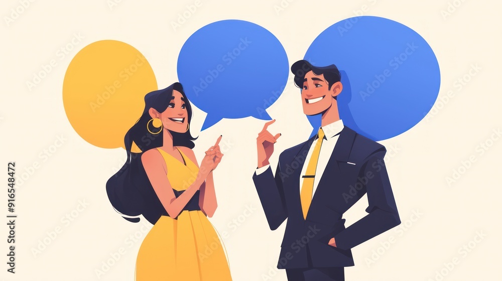Two people talking to each other, establishing intense communication smiling and speech bubbles above their heads simple flat design Two people talking to each other, establishing intense communication smiling and speech bubbles above their heads simple flat design