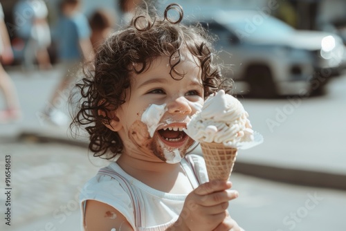 Vividly bright child playful expression is contagiously joyful. Child takes delight in every bite of ice cream.  Celebrating spirited energy and boundless joy of youth. photo