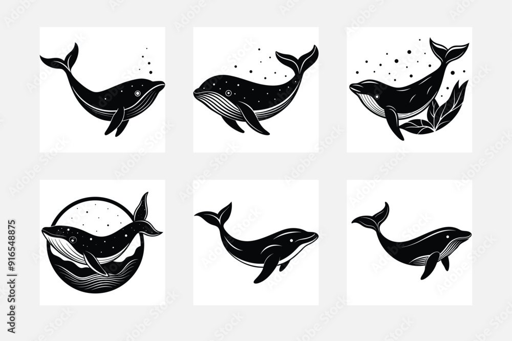 Fototapeta premium Minimal whale silhouette art set on white background elegant oceanic wall decor 