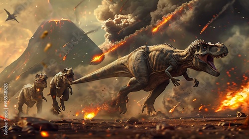 illustration of the extinction of dinosaurs in pre-history, meteors, natural disasters, destruction