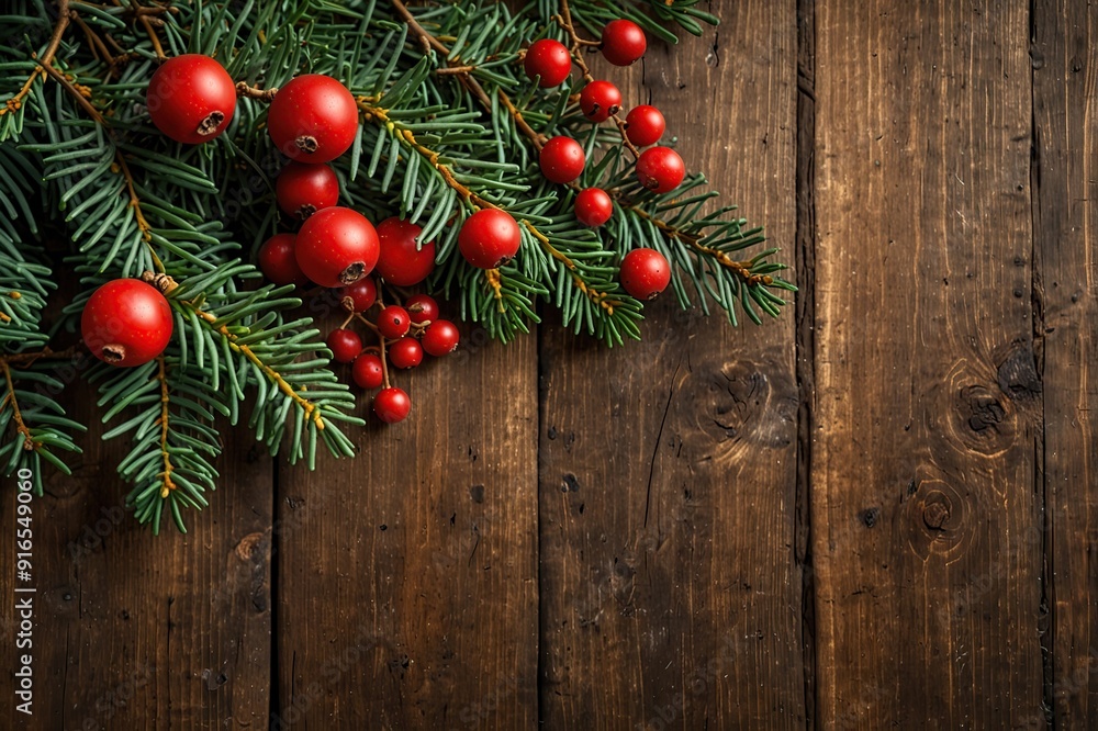 Christmas Evergreen Branches and Berries Over Rustic Wood Background Christmas Evergreen Branches and Berries Over Rustic Wood Background