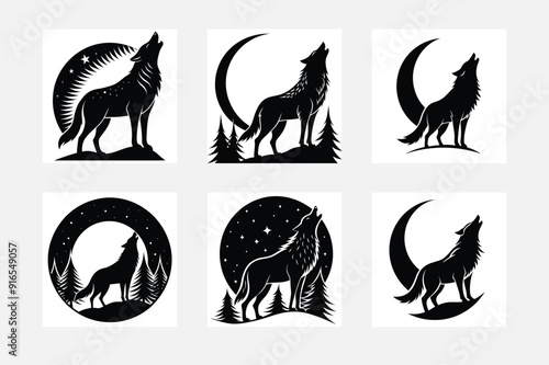 Minimal wolf silhouette on white background artwork set for nature lovers
