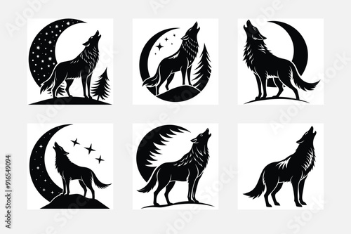 Minimal wolf silhouette on white background artwork set unique designs
