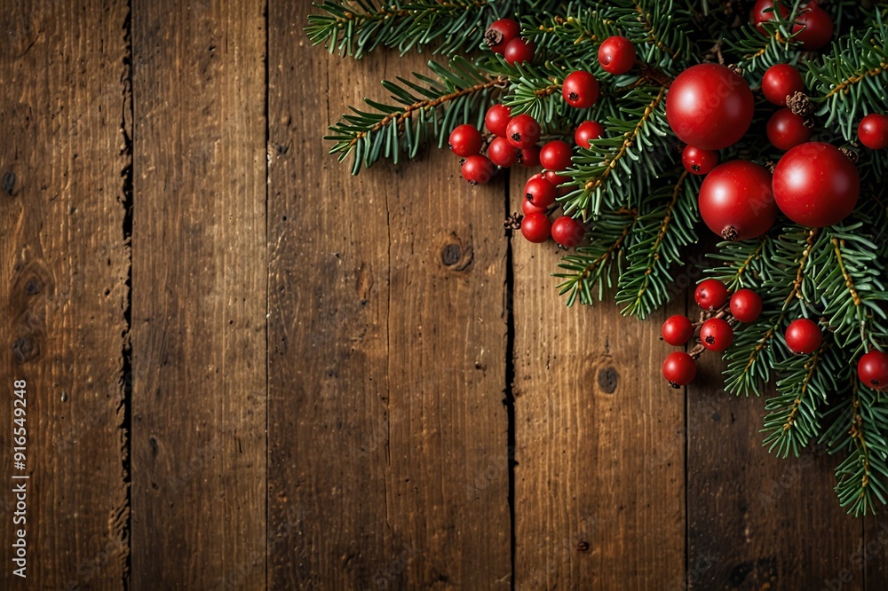 Christmas Evergreen Branches and Berries Over Rustic Wood Background Christmas Evergreen Branches and Berries Over Rustic Wood Background