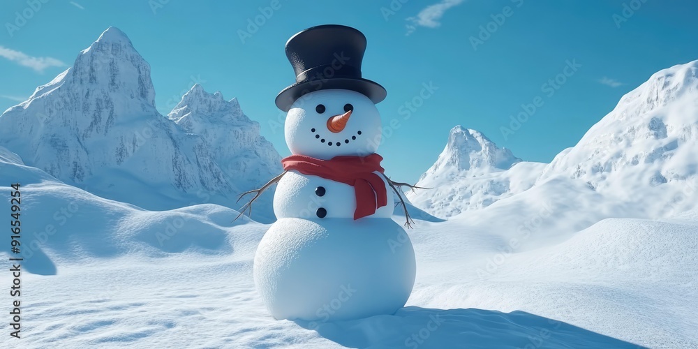 Obraz premium Classic Snowman in a Winter Wonderland with Majestic Snow-Capped Mountains