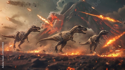 Fototapeta Naklejka Na Ścianę i Meble -  illustration of the extinction of dinosaurs in pre-history, meteors, natural disasters, destruction