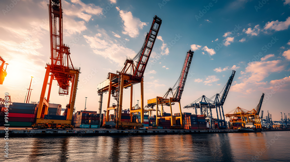 Fototapeta premium Cargo cranes at a busy port during sunset, reflecting on calm waters..