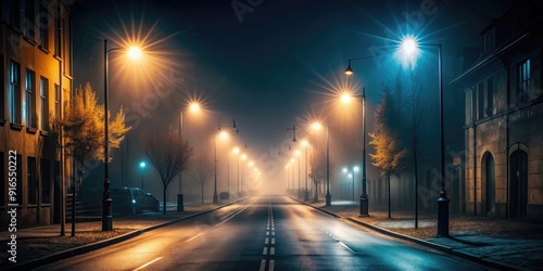 Empty dark night street with light and fog, empty, dark, night, street, light, fog, urban, city, atmospheric, eerie, mysterious