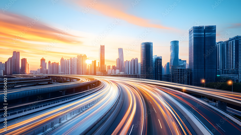 Dynamic city highway at sunrise with vibrant light trails. Dynamic city highway at sunrise with vibrant light trails.