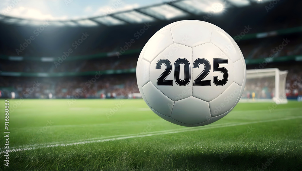 happy new 2025 year soccer themed, football background, sport concept, template, soccer field