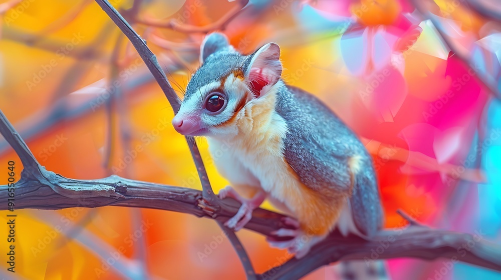 Fototapeta premium A Sugar Glider with an abstract geometric background, sharp lines and bright colors, creating a dynamic and modern composition, hd quality, natural look. --ar 16:9 --v 6.0 --s 250 --style raw