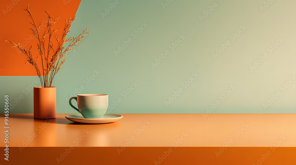 Minimalist composition with a cup and vase against a pastel background.. Minimalist composition with a cup and vase against a pastel background..