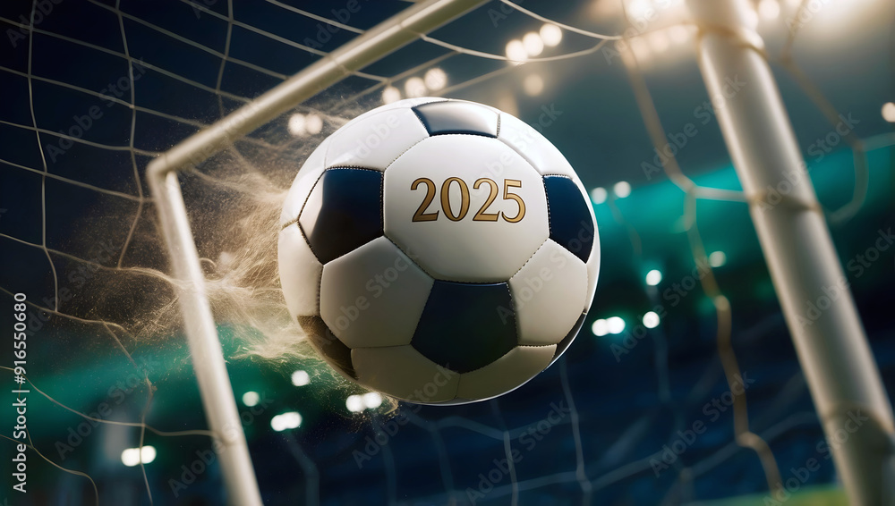 happy new 2025 year soccer themed, football background, sport concept, template, soccer field