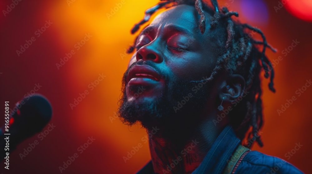 Musician Deep in Performance, Eyes Closed, Immersed in the Emotional Moment on Stage Under Dramatic Lighting Musician Deep in Performance, Eyes Closed, Immersed in the Emotional Moment on Stage Under Dramatic Lighting