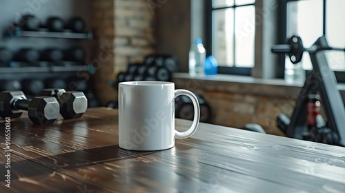 A white mug sits on a wooden table in a gym, with weights and exercise equipment in the background.