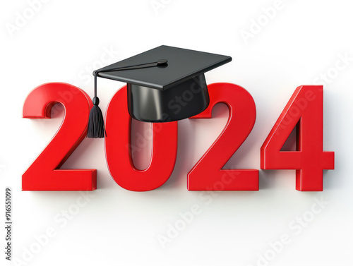 A 3D rendering of the year 2024 in red with a black graduation cap resting on top, symbolizing graduation in 2024.