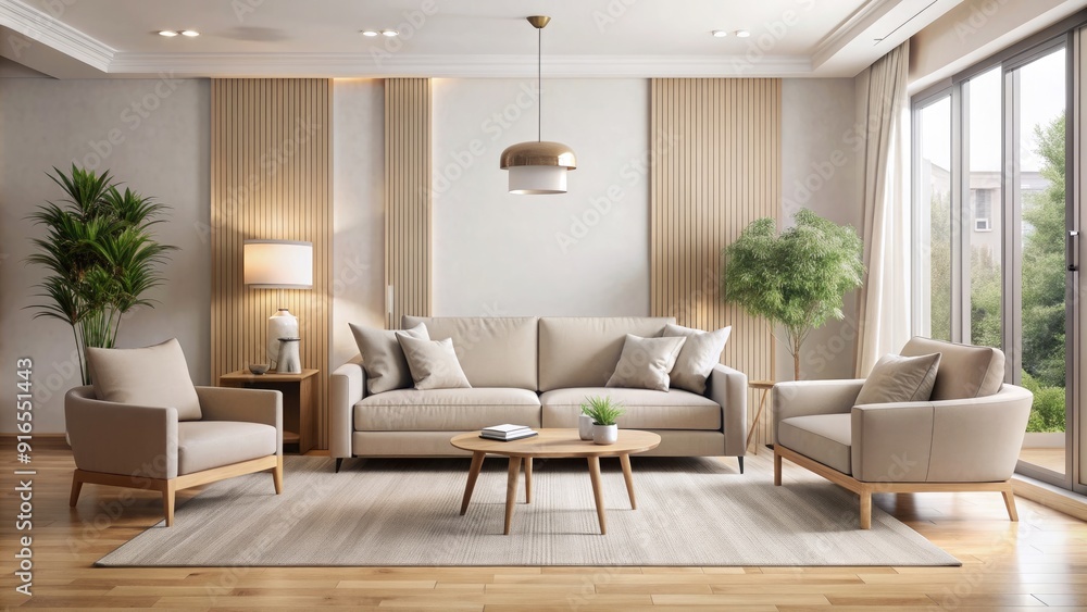 Modern beige living room interior with a comfortable sofa and chair ...