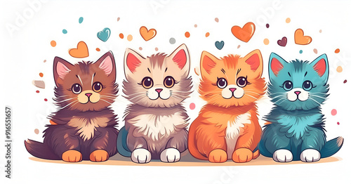 Four adorable cartoon kittens sitting together with colorful hearts in the background