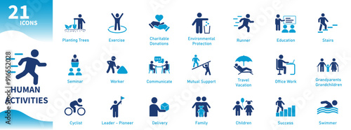 Human activity icon. Set of people, life, work, leisure, physical activity, family icons. Solid vector icons.