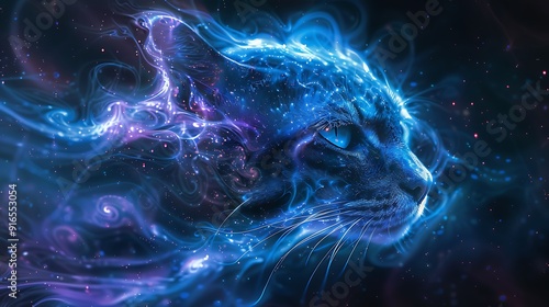 A Bengal Cat with an abstract cosmic background, swirling galaxies and stars in deep blues and purples, creating a mystical and otherworldly vibe, hd quality, natural look. --ar 16:9 --v 6.