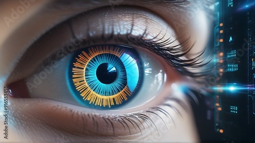 Hologram Holographic Eye of futuristic and Innovative Imagery AI and Automation use of artificial intelligence and automation in business processes, illustrating efficiency and productivity enhancemen photo