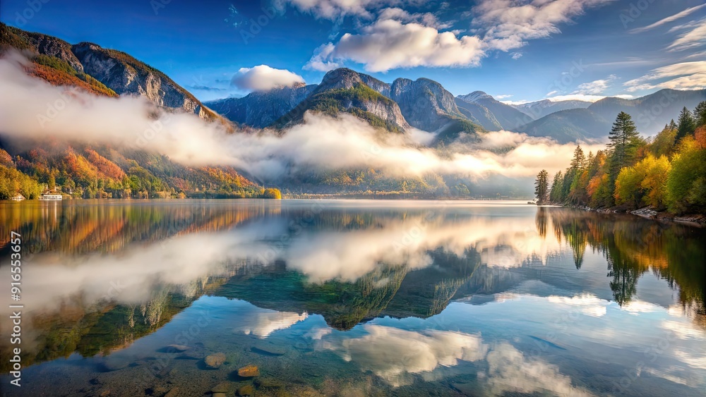 Obraz premium Thick fog enveloping Lake Bohinj in Triglav National Park, Julian Alps, Slovenia, Europe , fog, lake, Bohinj