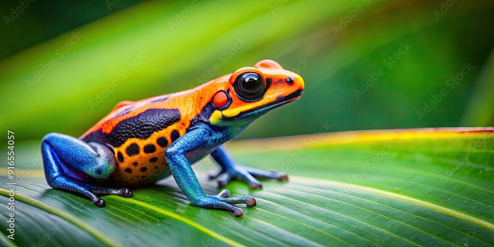 Fototapeta premium Multi color poison dart frog sitting on green leaf in tropical forest in Costa Rica, frog, poison dart frog, multi color