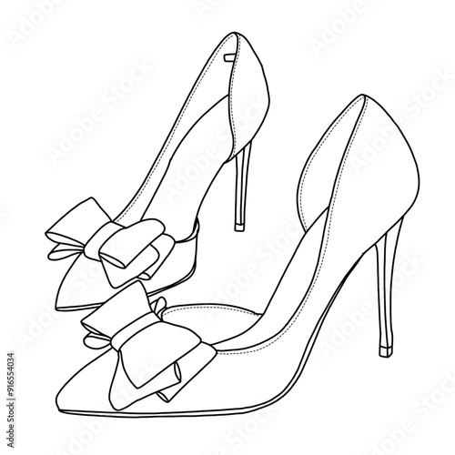 Women's Bow Heels Closed Pointed Toe Dress Shoes Stiletto Slip on Line Art, Technical sketch hand drawing outline vector doodle illustration, side view isolated on white background