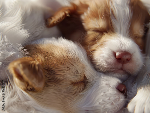 A close-up image of two small, white and brown puppies cuddling while sleeping.