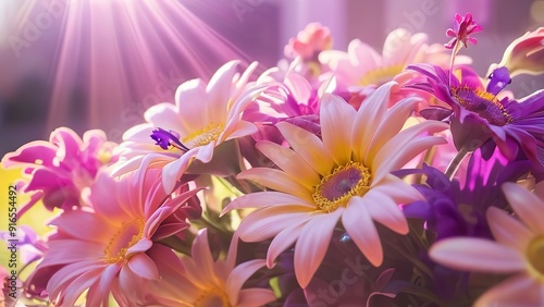 pink and purple flowers are displayed in a bouquet with sunlight shining through it and some yellow leaves