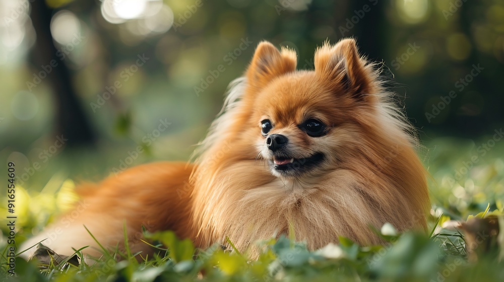 Portrait of a Pomeranian, have hair fur, against a blurred forest background.
Portrait of a Pomeranian, have hair fur, against a blurred forest background.