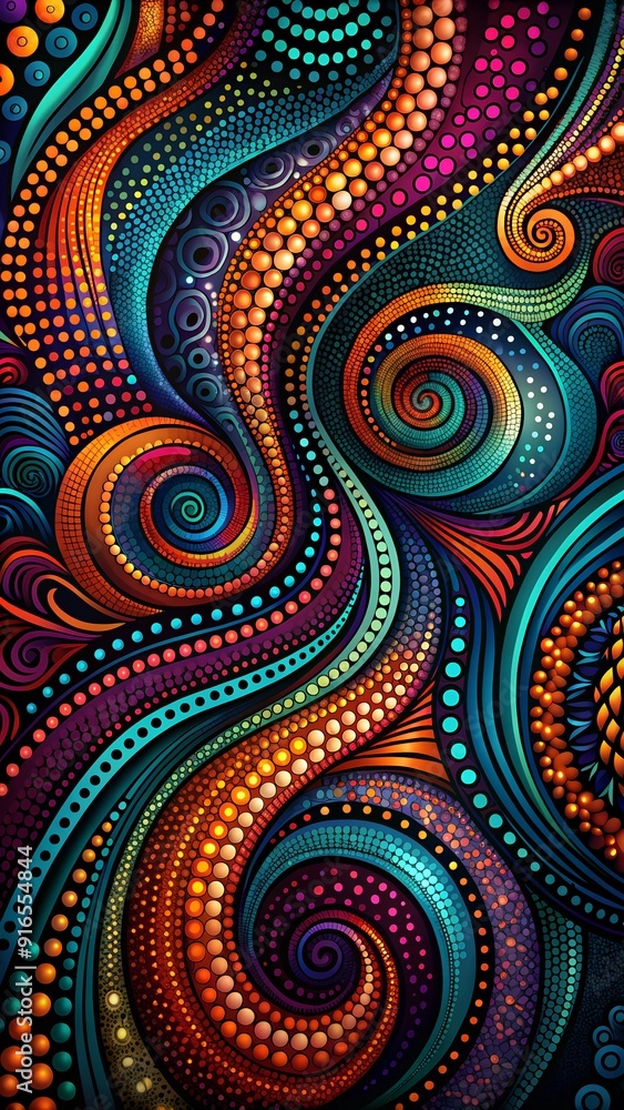 The image showcases a vibrant and intricate abstract pattern composed of swirling lines, dots, and shapes in various colors. The image showcases a vibrant and intricate abstract pattern composed of swirling lines, dots, and shapes in various colors.