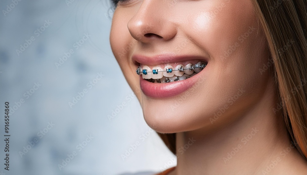 Fototapeta premium Smiling young woman showcasing her braces, highlighting dental care and confidence with a radiant look.