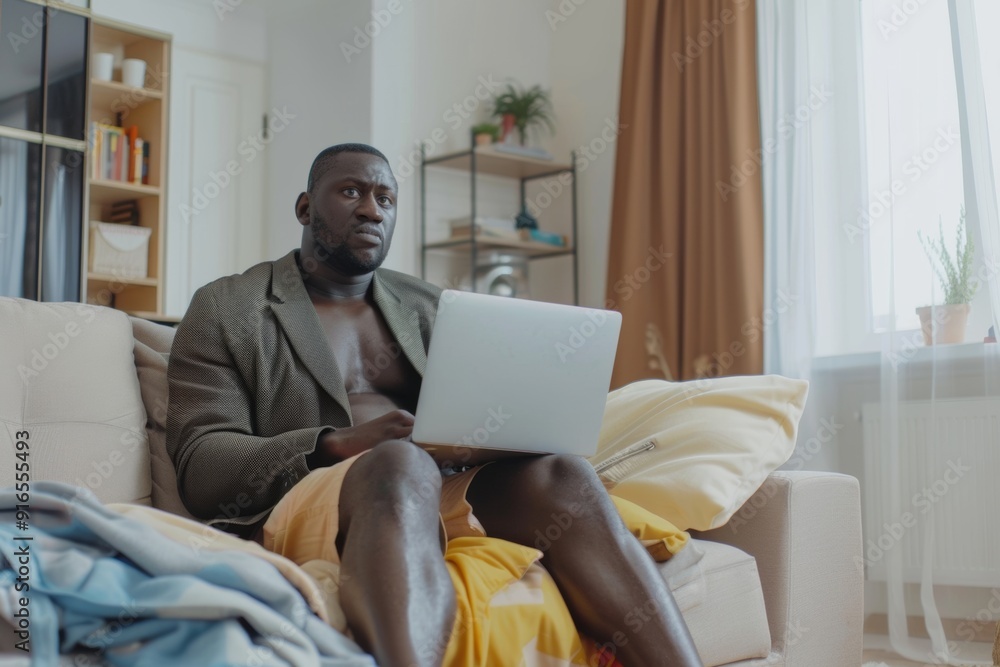 Connectivity Issues Affect Productivity in Remote Work. Black man sleek suit handling digital tasks efficiently. It portrays modern business professionalism technology use. Connectivity Issues Affect Productivity in Remote Work. Black man sleek suit handling digital tasks efficiently. It portrays modern business professionalism technology use.