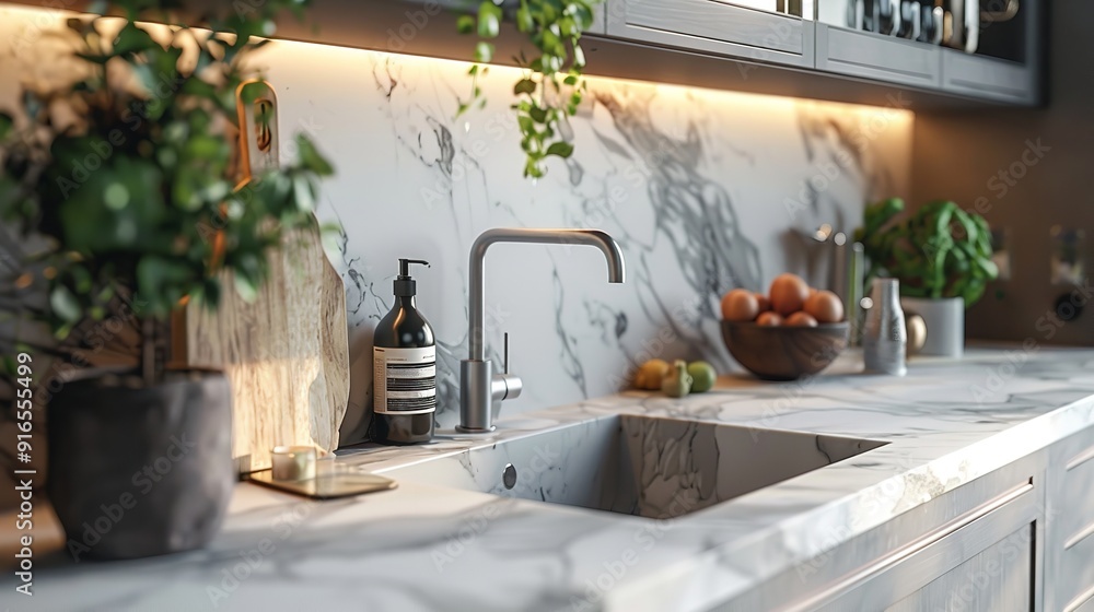 Fototapeta premium Modern white minimalistic kitchen interior details. Stylish white sink near mandarins High-resolution.