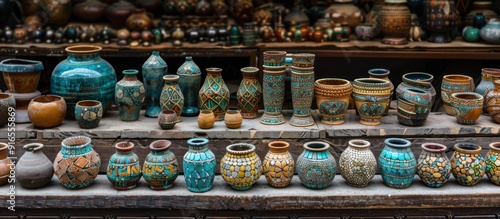 Hand-Painted Ceramic Vases in a Market