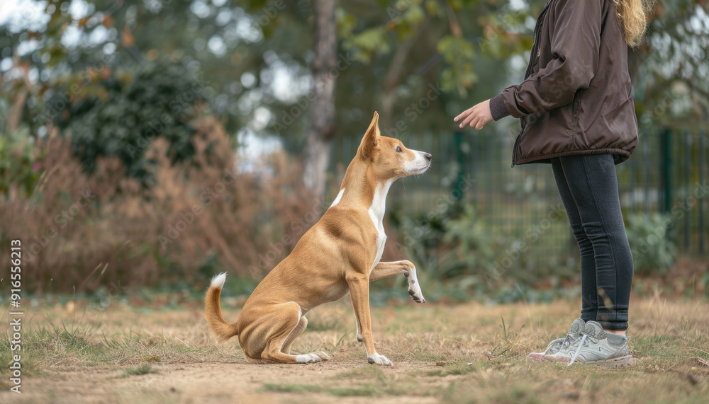 A dog is being trained by a person, sitting on its hind legs, in a park under a tree A dog is being trained by a person, sitting on its hind legs, in a park under a tree