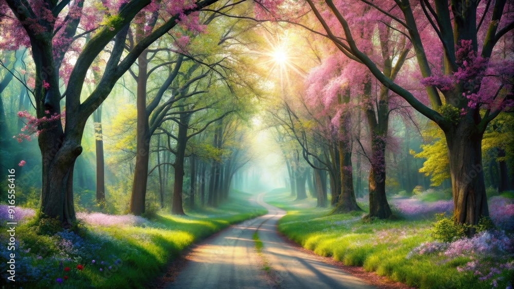 Enchanted road winding through a magical spring forest, forest, road, spring, magic, enchanted, path, trees, nature Enchanted road winding through a magical spring forest, forest, road, spring, magic, enchanted, path, trees, nature