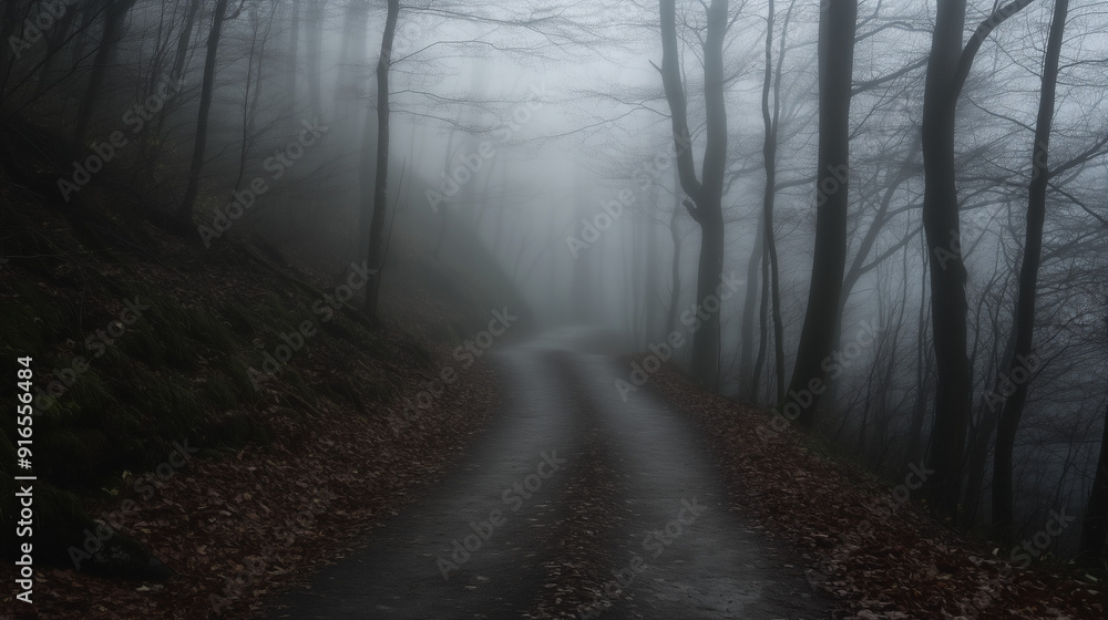 Naklejka premium Foggy Forest Pathway in Autumn with Bare Trees and Damp Leaves