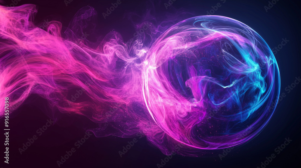 Glowing pink and blue smoke forming a vibrant spherical shape against a dark purple background, with swirling light effects and energy flow, creating a captivating abstract visual in deep space. Glowing pink and blue smoke forming a vibrant spherical shape against a dark purple background, with swirling light effects and energy flow, creating a captivating abstract visual in deep space.