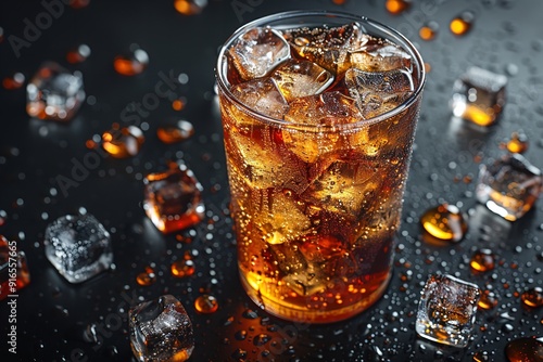 "Chilled Glass of Cola with Ice Cubes on a Black Background, Showcasing Bubbles and Refreshing Cold Beverage."