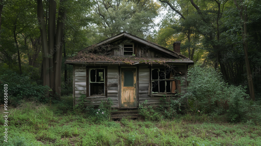 Abandoned Weathered Cabin in Overgrown Forest Clearing Abandoned Weathered Cabin in Overgrown Forest Clearing